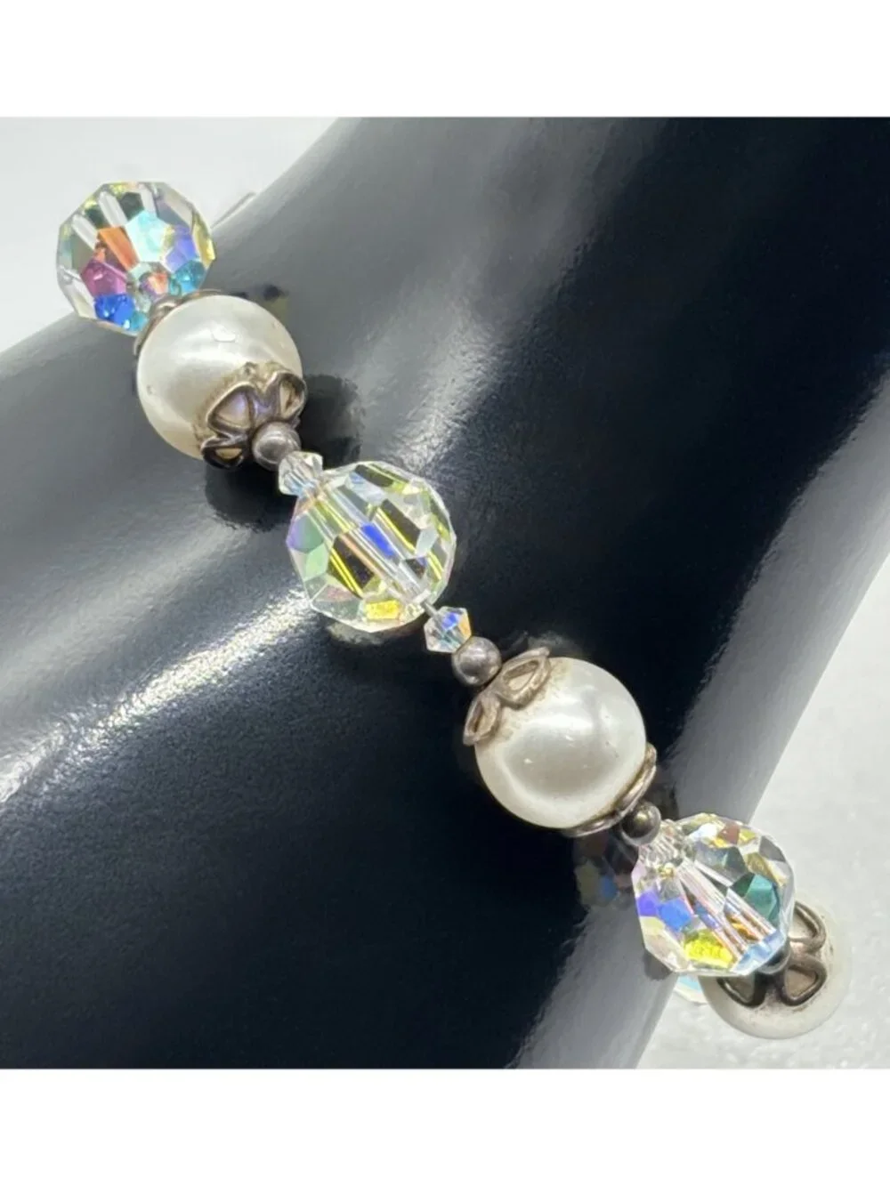 Artisan Made Bracelet With Faceted AB Crystals Faux Pearls Sterling Toggle Clasp